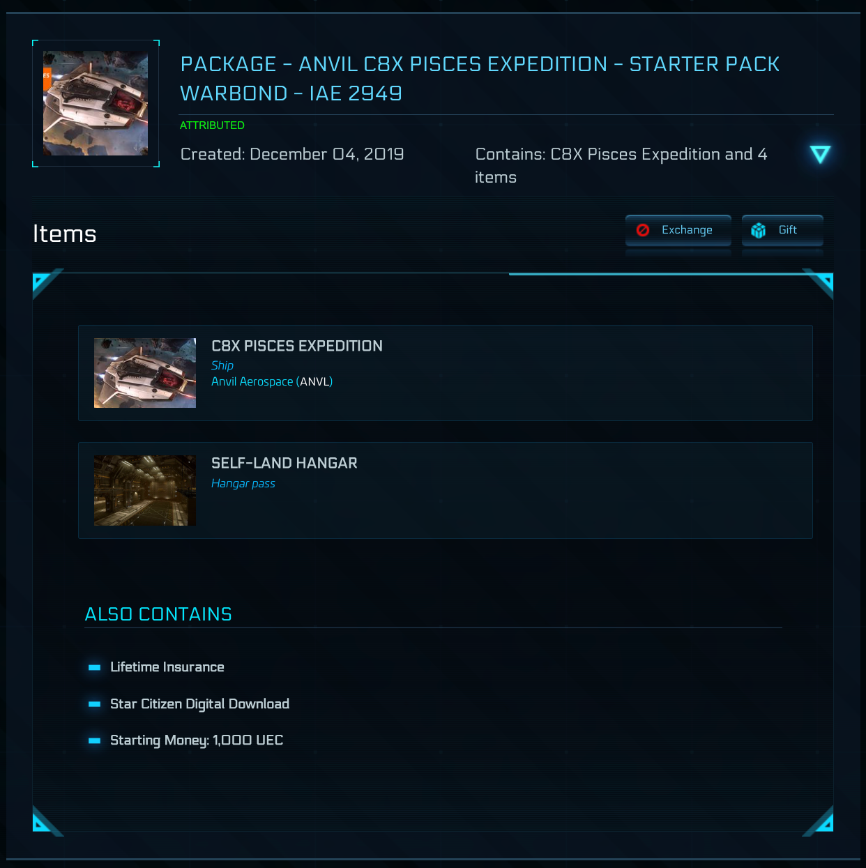 Buy Anvil C8X Pisces Expedition - Starter Pack Warbond - IAE 2949 LTI - Original Concept - Game Package